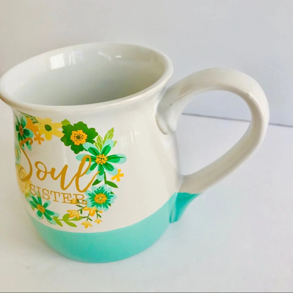 Boston Warehouse Soul Sister Belly Mug Floral Blue Green Cream Flowers Turquoise